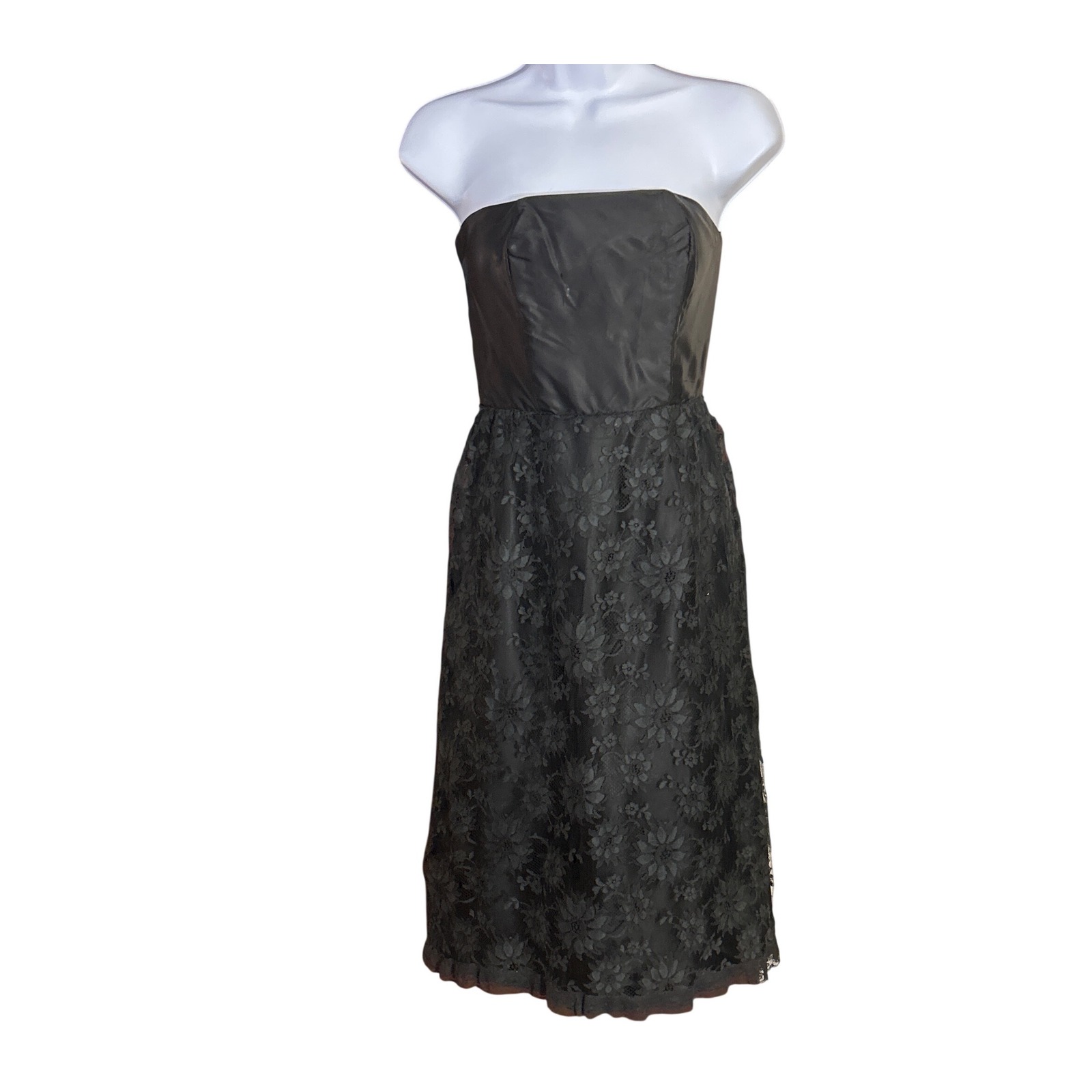 Vintage 1950s Black Strapless Cocktail Dress Floral Brocade Rockabilly Party